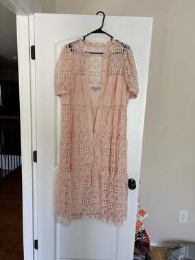 Antonio Melani Pink Short Sleeve Floral Guipure Lace Button-Down Tiered Midi Dre